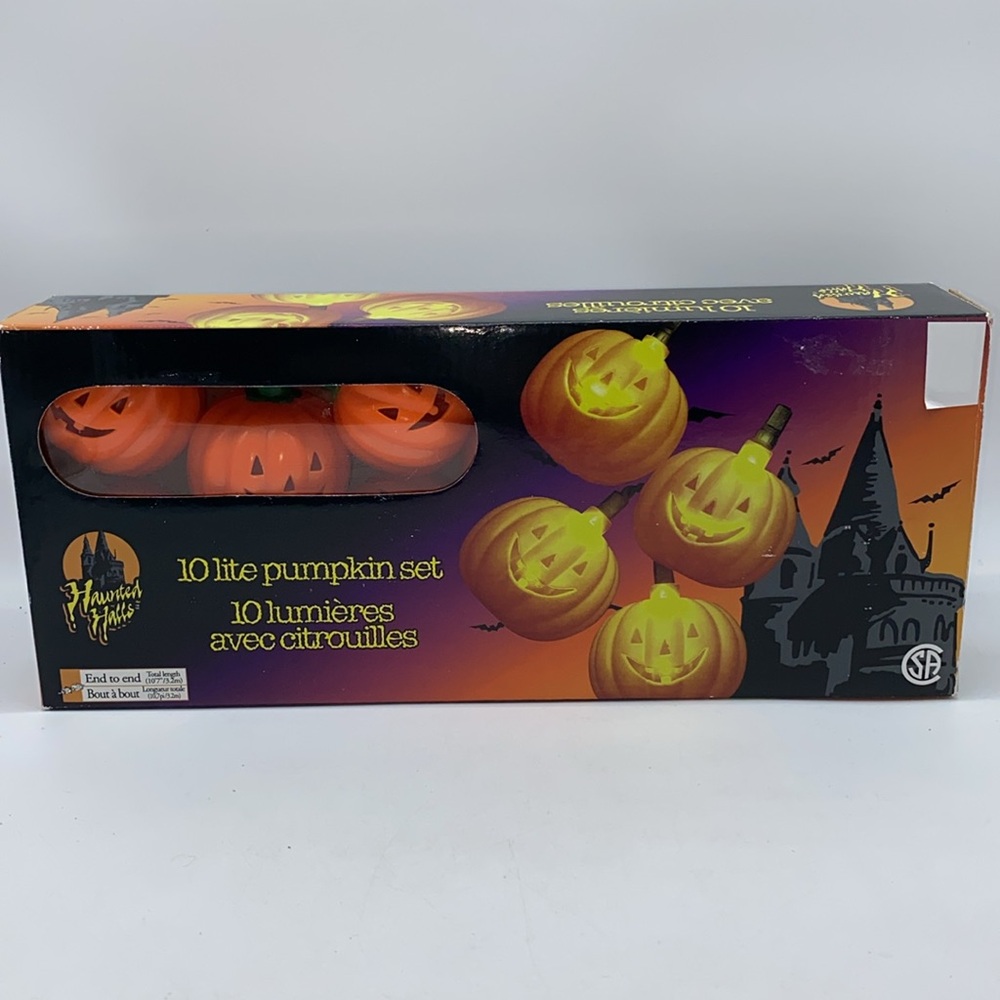 Vintage Halloween 9 Light String Pumpkin Blow Mold Set with Box
